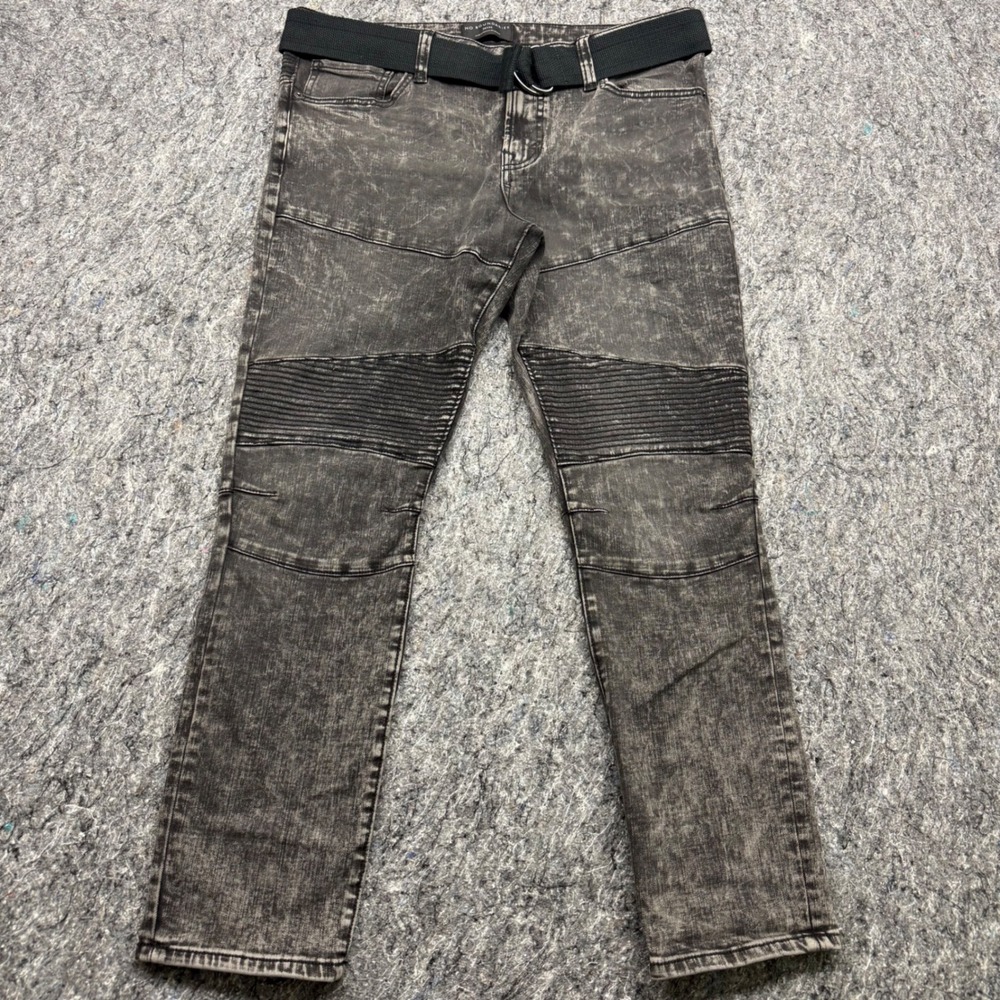 No Boundaries Mens Moto Jeans 36x30 Gray Acid Wash Biker Slim Fit Stretch Belted